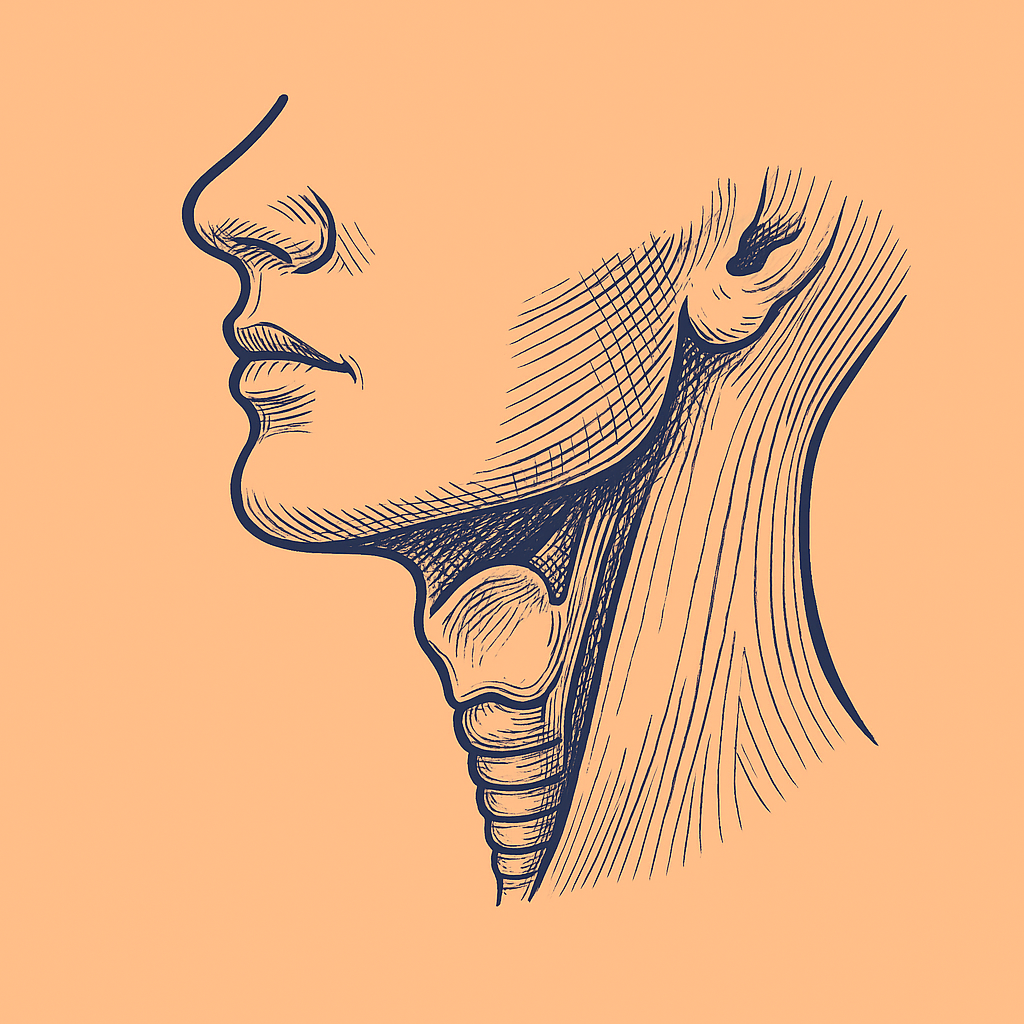 Ilustração detalhada da anatomia do pescoço humano, destacando a laringe e outros componentes relacionados à garganta.