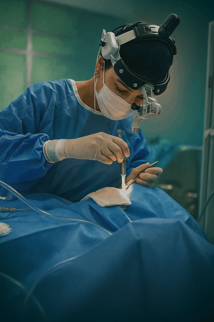 Cirurgia sendo realizada em ambiente hospitalar com profissionais usando trajes estéreis e iluminação cirúrgica.